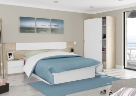 Dormitorio Alaya cabezal y dos mesitas roble canadian/blanco artik