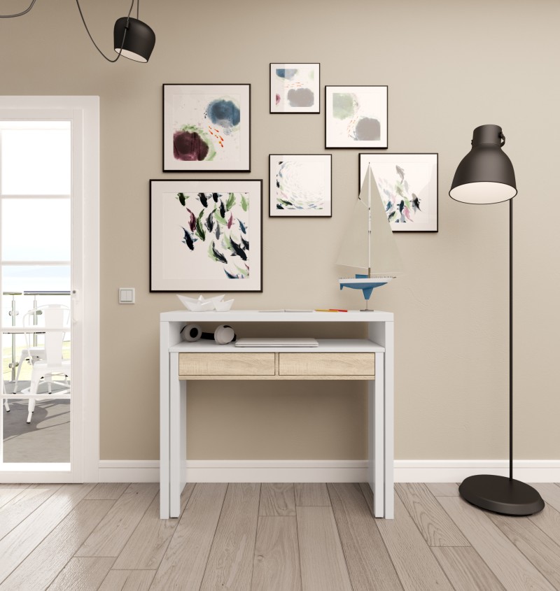 Consola escritorio extesible Bureau en roble canadian/blanco artik Consola escritorio extesible Bureau en roble canadian/blanco artik