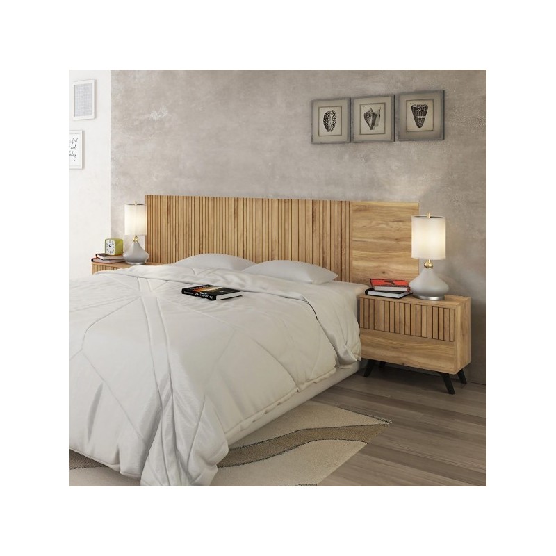 Cabecero y mesitas Solana – Diseño moderno en madera rayada
