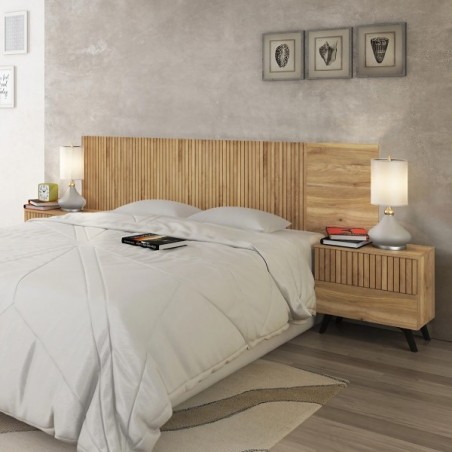 Cabecero y mesitas Solana – Diseño moderno en madera rayada