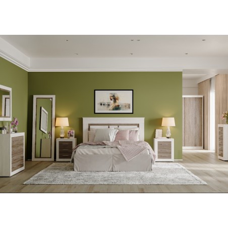 Dormitorio Lara cabecero y dos mesitas en Pino andersen y trufa