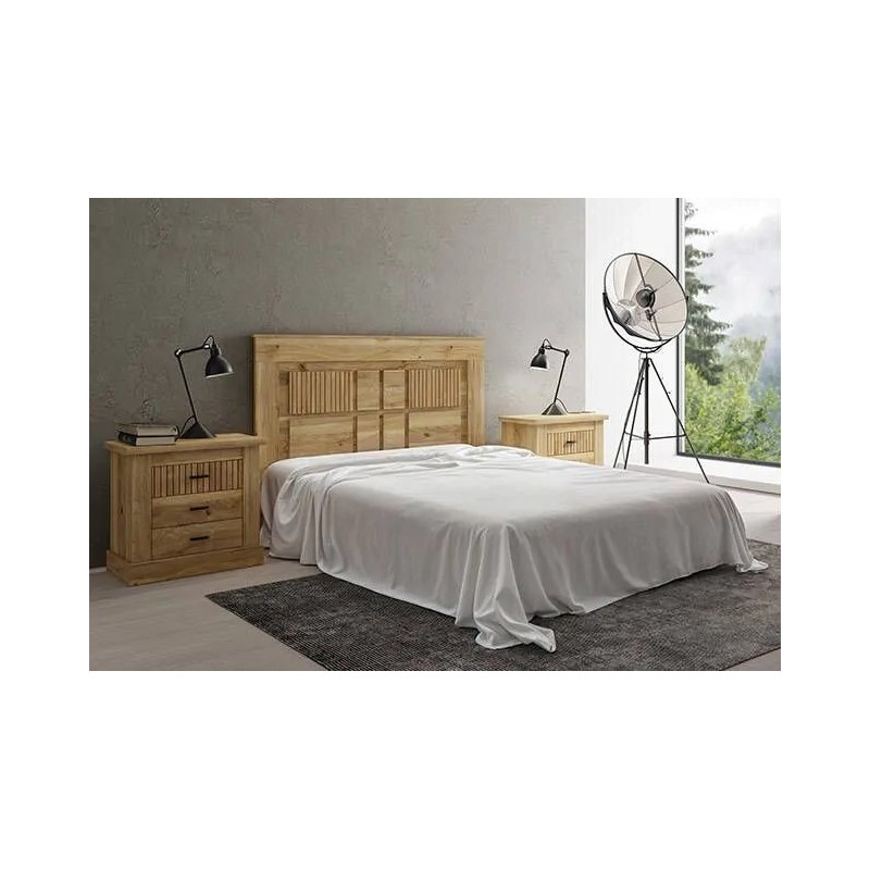 Dormitorio Rapid cabecero y dos mesitas en mauvella rayas