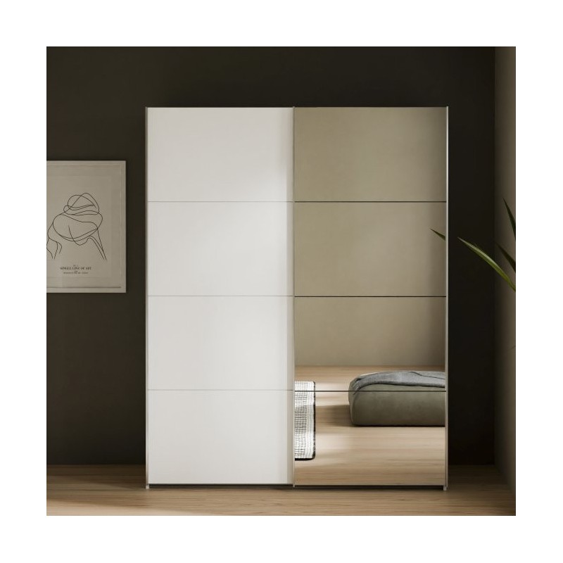 Armario puertas corredera W26 DE 150 cm Blanco mate y una puerta con  espejo