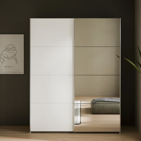 Armario puertas corredera W26 DE 150 cm Blanco mate y una puerta con  espejo