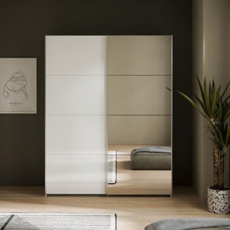Armario puertas correderas  W26 DE 150 cm  1 pta. en blanco brillo  y puerta con espejoEspejo