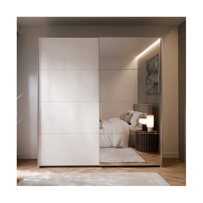 Armario de puertas correderas W26 DE 200 cm Blanco Mate y puerta de Espejo Armario de puertas correderas W26 DE 200 cm Blanco Mate y puerta de Espejo
