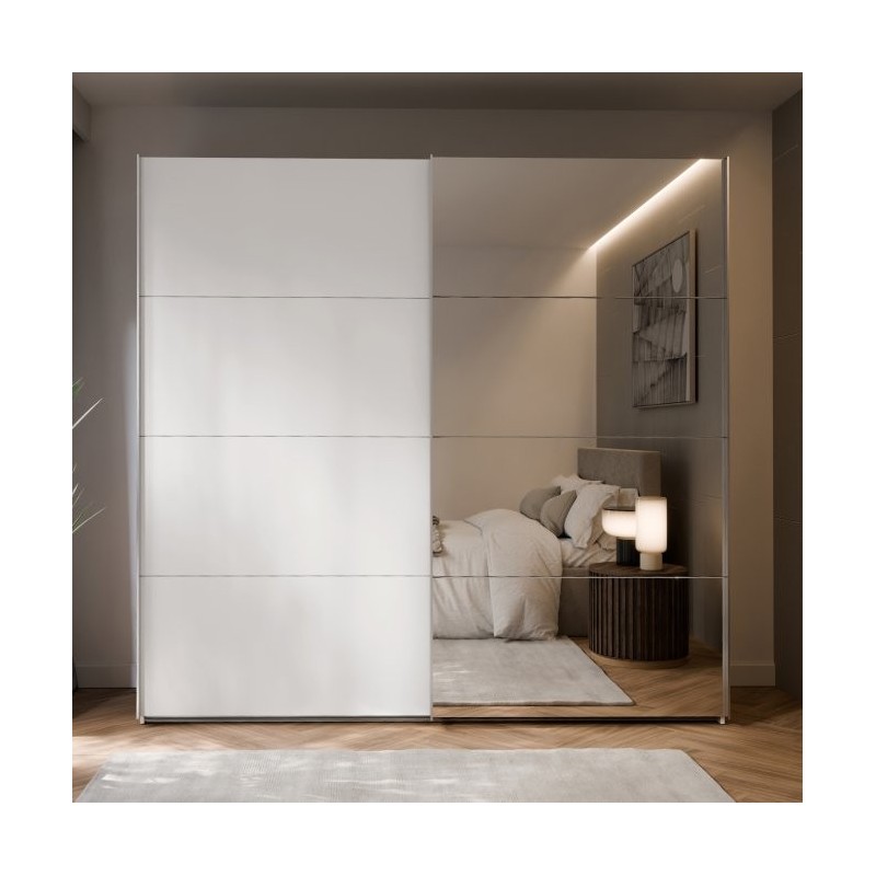 Armario puertas correderas W26 DE 220 cm Blanco mate y puerta con espejo Armario puertas correderas W26 DE 220 cm Blanco mate y puerta con espejo