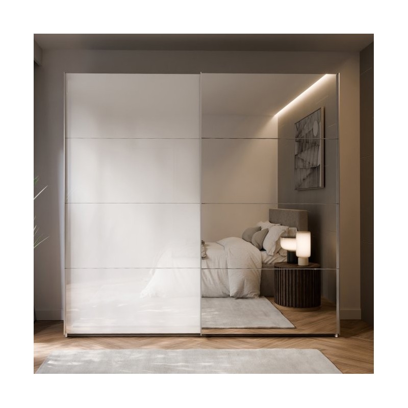 Armario puertas correderas  W26 DE 220 cm Blanco brillo cristal y puerta con espejo