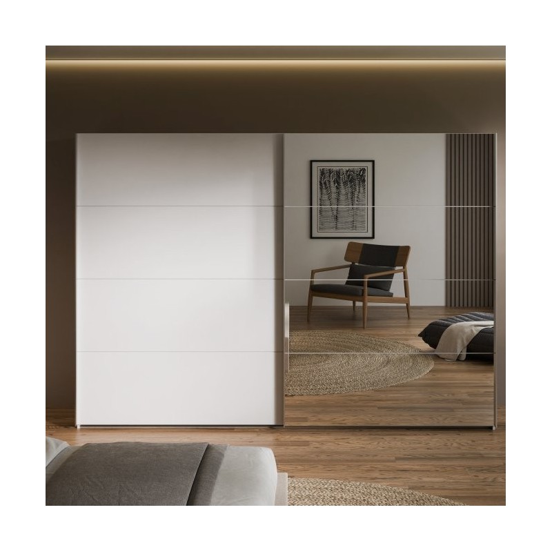 Armario puertas correderas W26 DE 270 cm en color Blanco Brillo cristal y puerta con luna de espejo