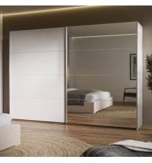 Armario puertas correderas W26 DE 270 cm en color Blanco Brillo cristal y puerta con luna de espejo