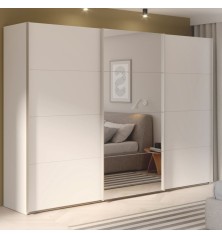 Armario tres puertas correderas W26 DE 300 cm en Blanco mate y puerta central con espejo