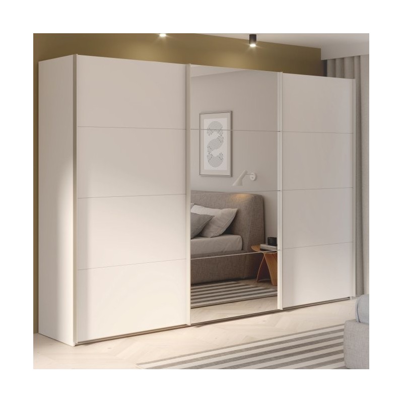 Armario tres puertas correderas W26 DE 300 cm  en Blanco mate y puerta central con espejo