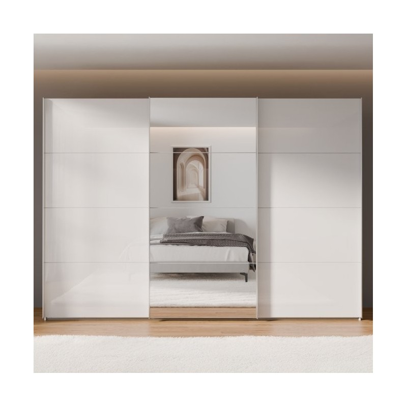 Armario tres puertas correderas W26 DE 300 cmen color Blanco Brillo cristal y puerta central con Espejo Armario tres puertas correderas W26 DE 300 cmen color Blanco Brillo cristal y puerta central con Espejo