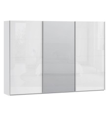 Armario tres puertas correderas W26 DE 300 cmen color Blanco Brillo cristal  y puerta central con Espejo