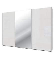 Armario tres puertas correderas W26 DE 300 cmen color Blanco Brillo cristal  y puerta central con Espejo
