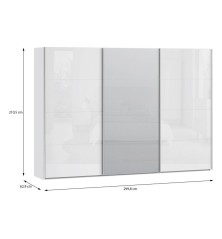 Armario tres puertas correderas W26 DE 300 cmen color Blanco Brillo cristal  y puerta central con Espejo