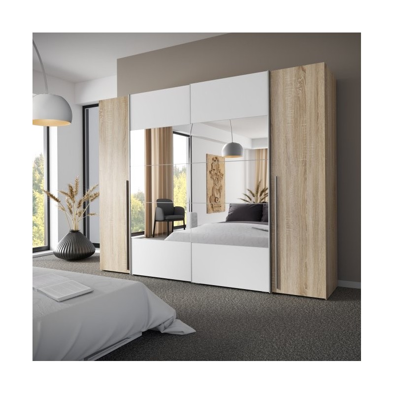 Armario Modelo Rio 270x210 Puertas Correderas y Batientes Sonoma -Blanco con espejo en 2 puertas correderas Armario Modelo Rio 270x210 Puertas Correderas y Batientes Sonoma -Blanco con espejo en 2 puertas correderas
