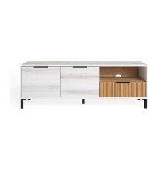 Mueble de TV Tokio  en Color Blanco Albo y Roble Rayado con 2 Puertas 1 Cajón 136 cm