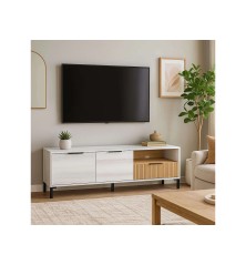 Mueble de TV Tokio  en Color Blanco Albo y Roble Rayado con 2 Puertas 1 Cajón 136 cm