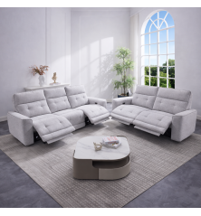 CONJUNTO 3+2 PL. MOD. KANIO TELA C/ GRIS CLARO Y GRIS OSCURO 2 RELAX ELECTRICO SISTEMA GRAVEDAD CERO