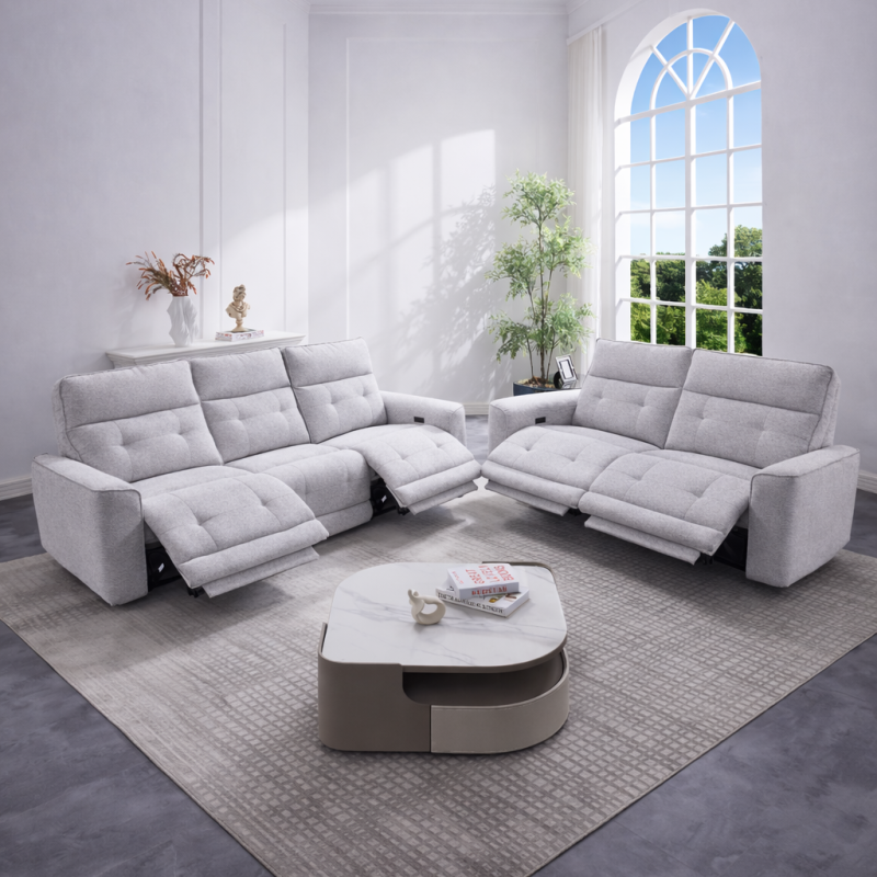 CONJUNTO 3+2 PL. MOD. KANIO TELA C/ GRIS CLARO Y GRIS OSCURO 2 RELAX ELECTRICO SISTEMA GRAVEDAD CERO