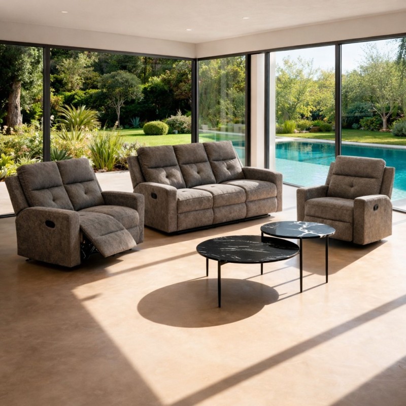 CONJUNTO  3 +2  PL. MOD. ENEKO RELAX MANUAL C/ MARRON OSCURO Y GRIS