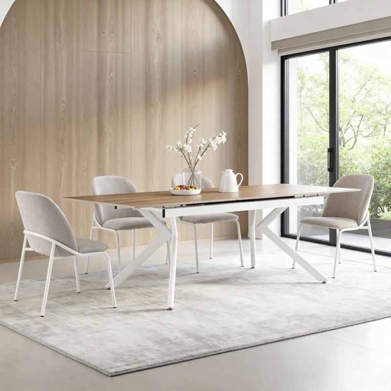 MESA EXTENSIBLE MOD. OLIMPA (140/180 CM) TAPA C/ MADERA - PATA BLANCA