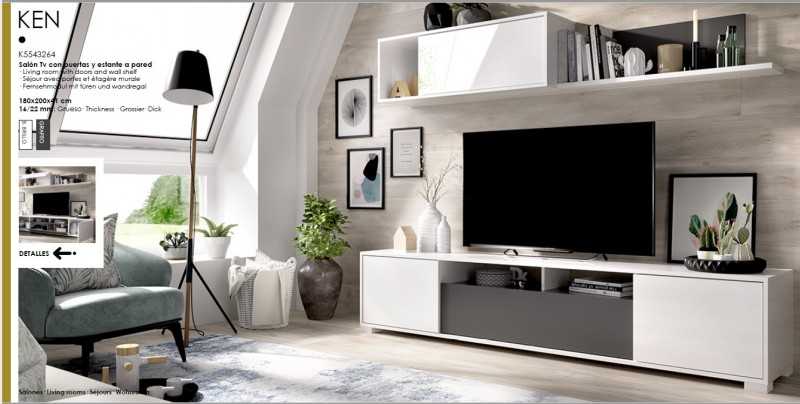 Composición mueble salón con bajo TV, estante, apilable y mesa centro