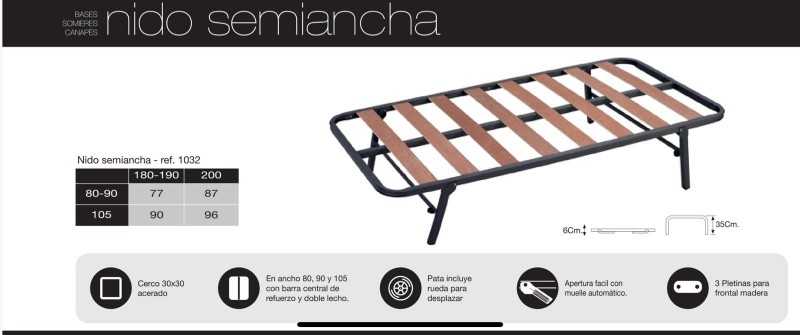 Somier Inferior de Cama Nido, Patas Plegables y Ruedas, Medidas 90x180 cm