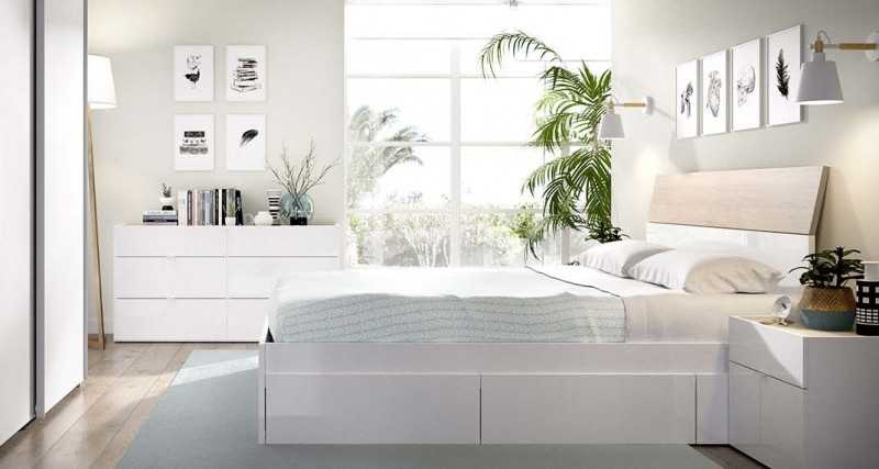 Dormitorio Gia con comoda doble en blanco natural