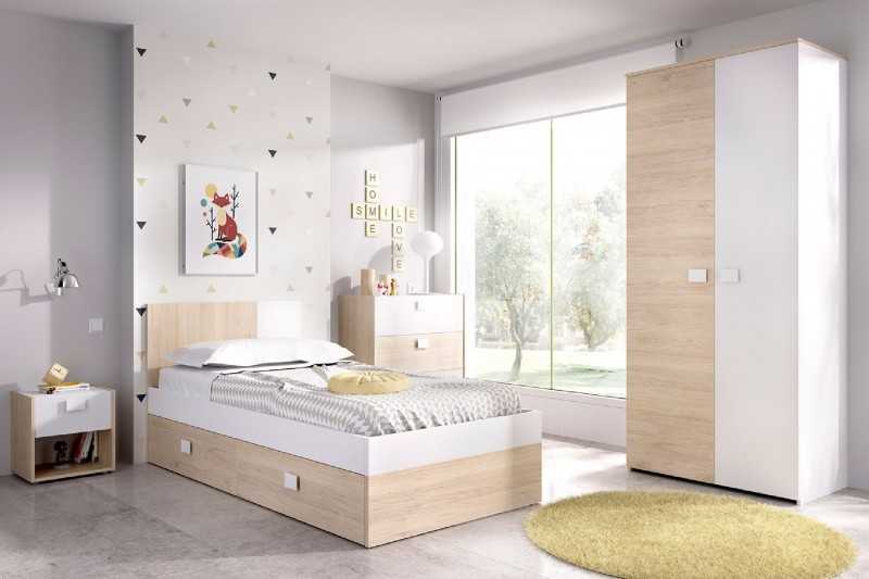 DORMITORIO JUVENIL MODELO DINA COMPLETO NATURAL BLANCO