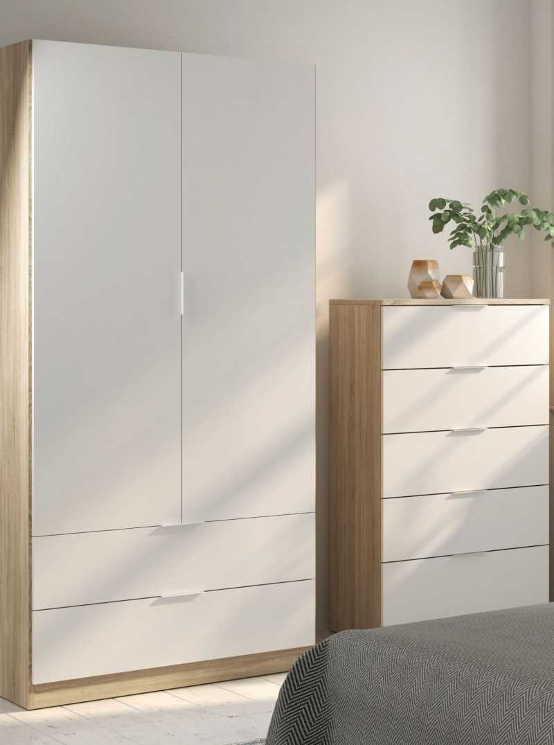 Mueble de recibidor Blanco mate y Roble con cajón y espejo roble y blanco