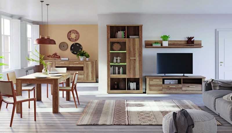 Salón comedor con aparador bajo y alto, mesa de comedor y sillas