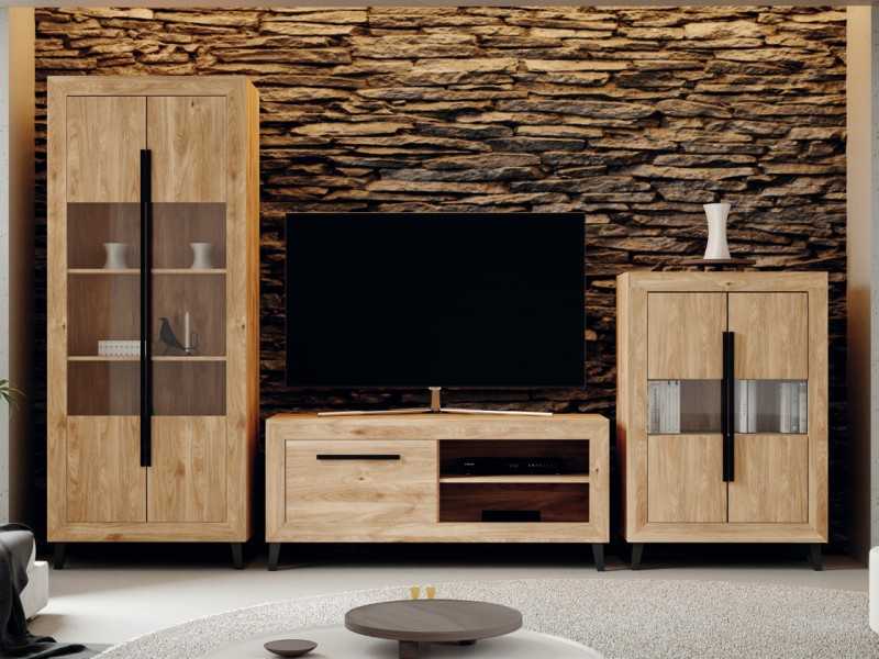 Composición salón comedor con mueble TV, módulo alto y vitrina HORA