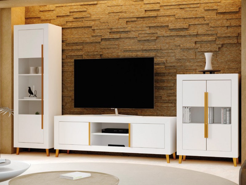 Mueble de salón modular MENORCA mueble tv y vitrinas color roble sonom