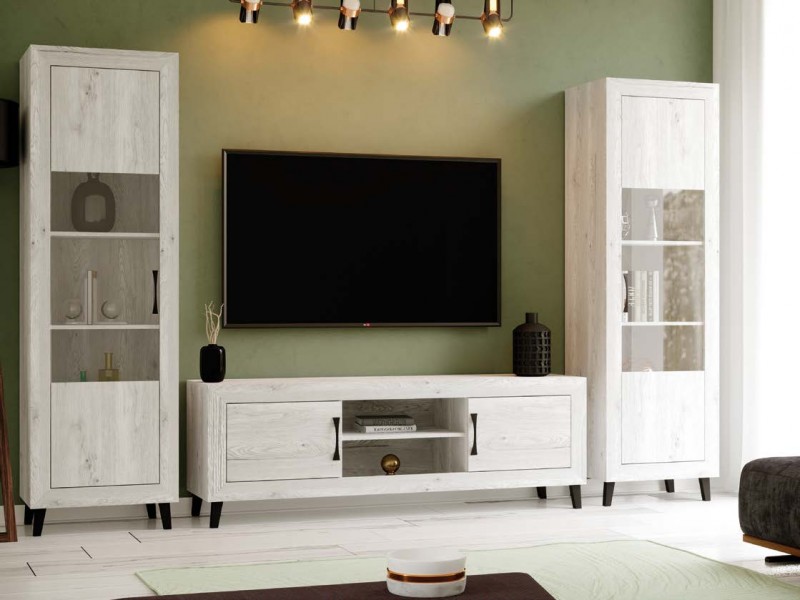 Mueble de salón modular MENORCA mueble tv y vitrinas color roble sonom