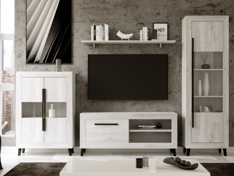 Mueble modular para salón con vitrina y estantería,color gris y blanco
