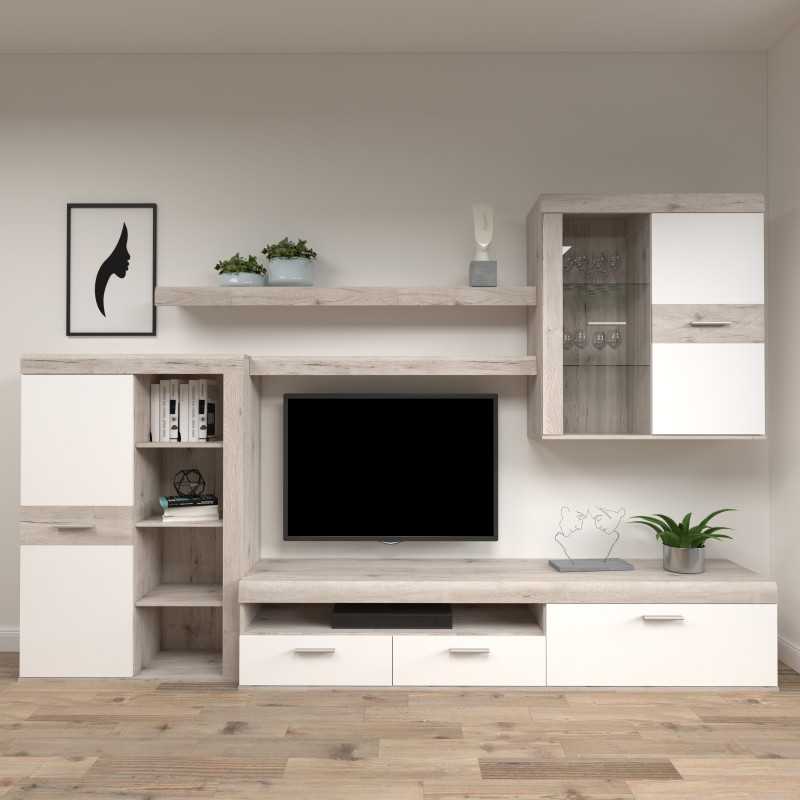 Muebles salon moderno Argos blanco mate y naturale (mesa  tv+aparador+estanteria)