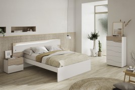 dormitorio completo nantes con dos mesitas cannes dos cajones en color sahara/blanco