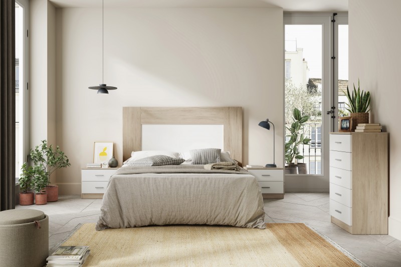 Dormitorio luce y dos mesitas dos cajones, xinfonier couple en sahara y blanco u blanco todo