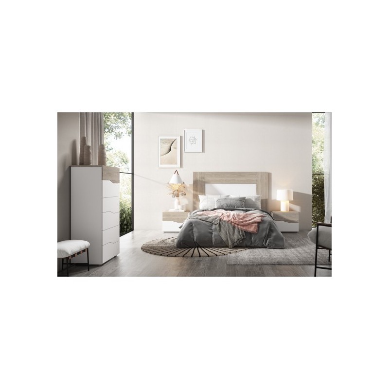 dormitorio luce con dos mesitas dos cajones y Xinfonier cannes en sahara y blanco