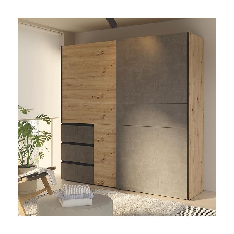 Armario Tokio 170x201 Puertas Correderas Artisan y Gris con Cajonera | Diseño Minimalista | Fabricado en Europa
