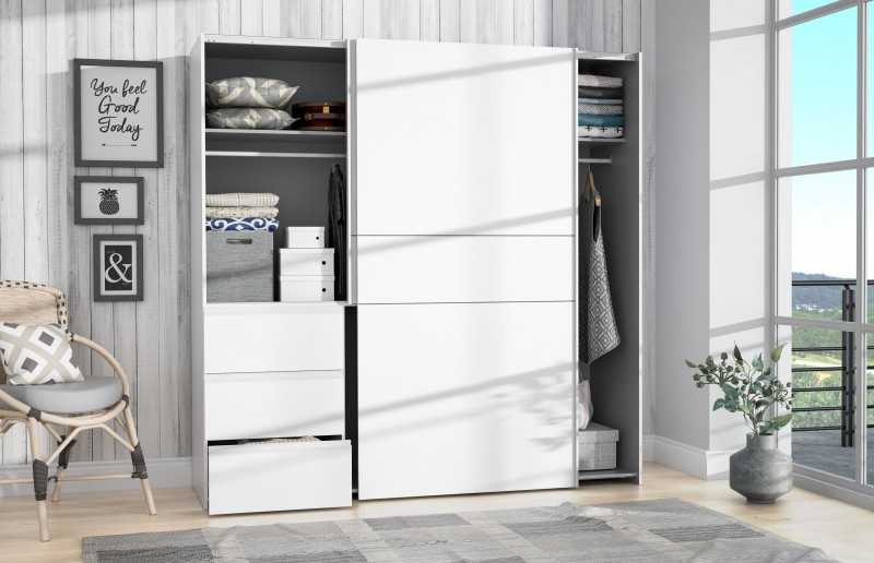 Armario Tokio 170x201 Puertas Correderas Blanco con Cajonera | Diseño Minimalista | Fabricado en Europa