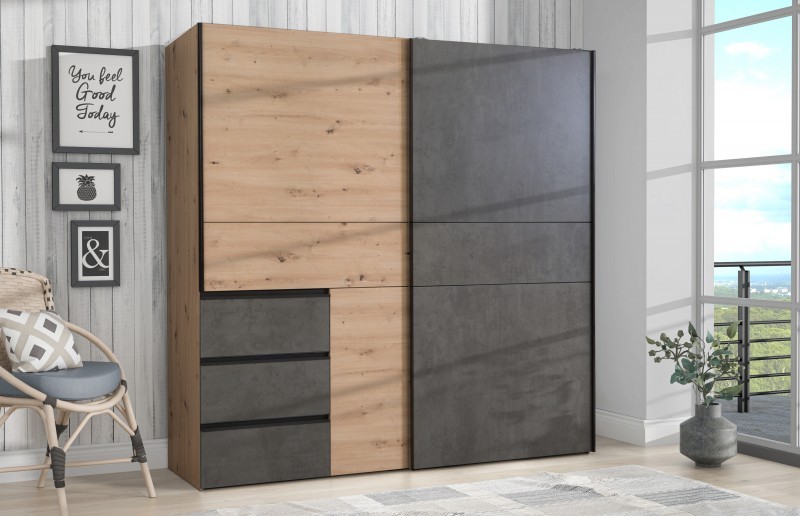 Armario Tokio 170x201 Puertas Correderas Artisan y Gris con Cajonera | Diseño Minimalista | Fabricado en Europa